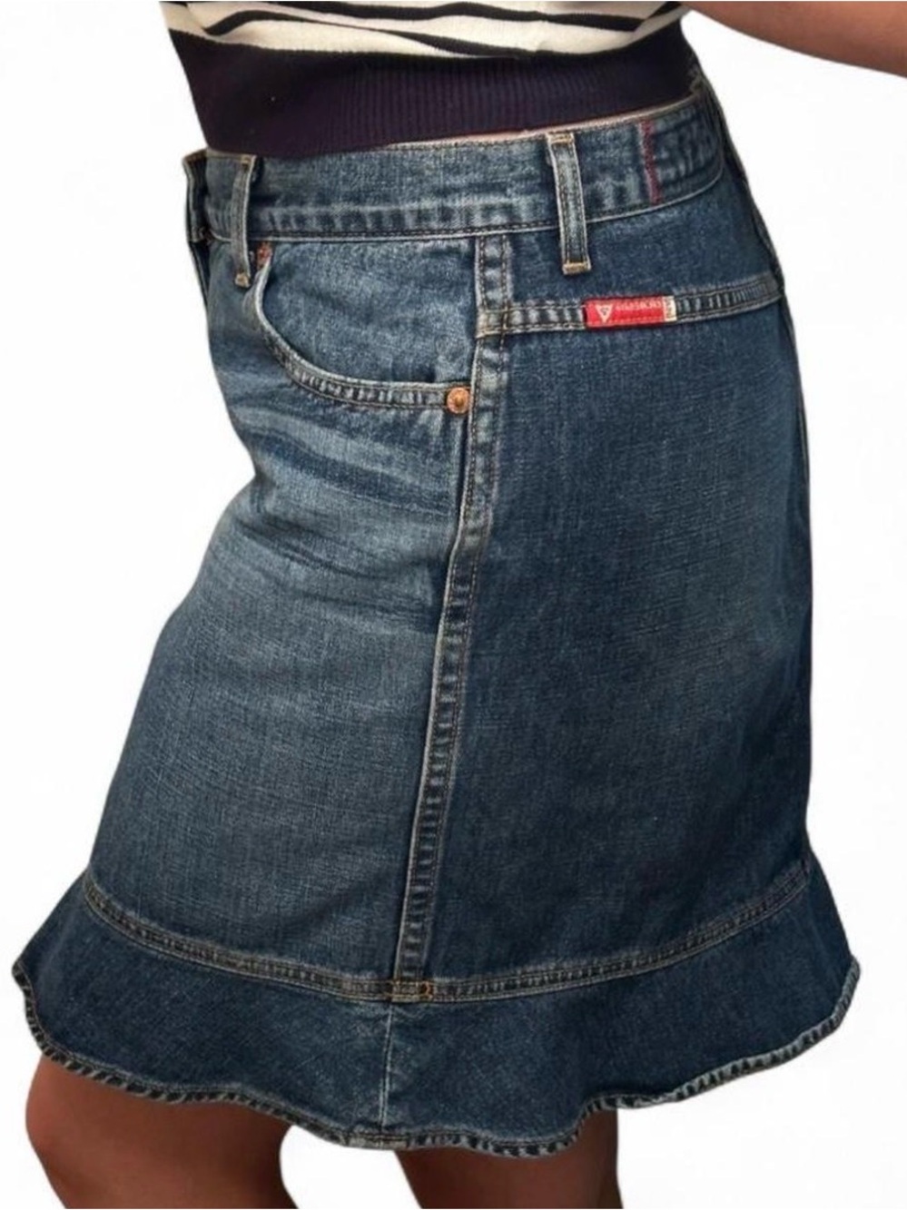 Vintage 90’s Y2K Guess Blue Denim Skirt with Ruffle Hem & Red Label Cotton Sz 29